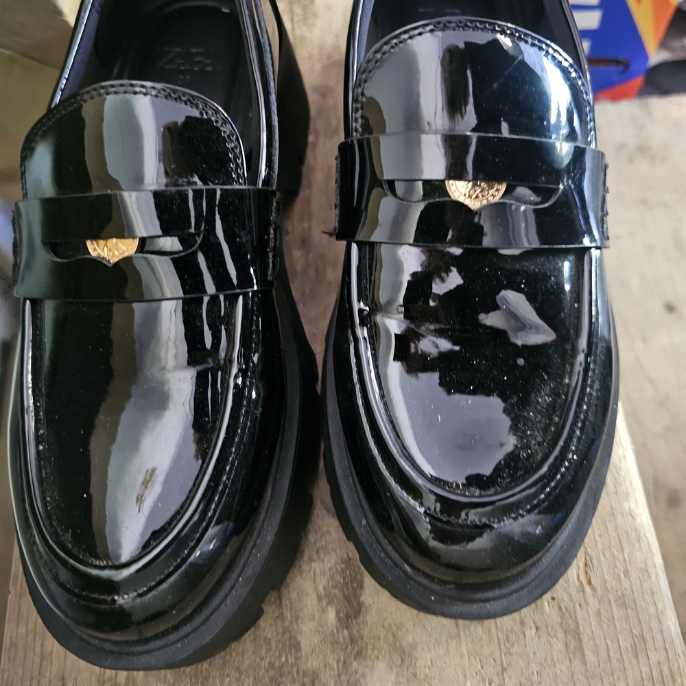 Zara Glossy Black Loafers with Gold Accent